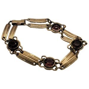 Vintage 1/20 12K Gold Filled GF Signed Sturdy Link Bracelet Purple Stones 7”